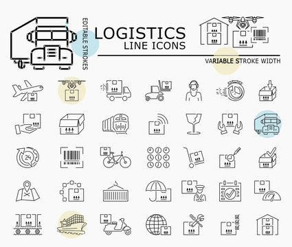 Logistics line icons with minimal nodes and editable stroke width and style