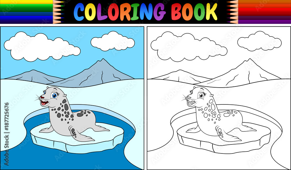 Sticker Coloring book with seal cartoon