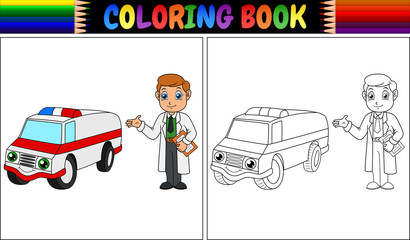 Coloring book with young doctor and ambulance car © dreamblack46