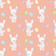 Easter seamless pattern with the image of lovely rabbits and painted eggs. Vector background.