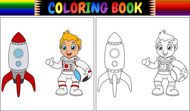 Coloring book with astronaut kid and rocket ship