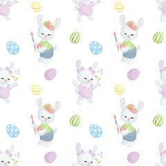Easter seamless pattern with the image of lovely rabbits and painted eggs. Vector background.