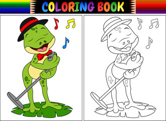 Fototapeta premium Kolorowanie książki kreskówka śpiewa żaba