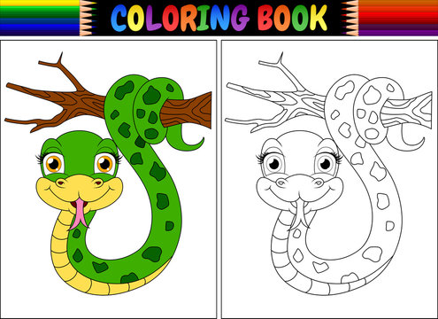 Coloring book with cute snake on tree branch
