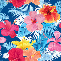 Tropical seamless pattern with hibiscus syriacus flower and leaf on blue background. Vector set of exotic tropical garden for wedding invitations, greeting card and fashion design.