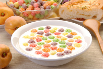 Milk with cereals balls crisp for breakfast 