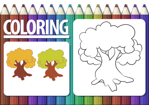 Page of coloring book with contour cartoon tree and colored examples. Oak.