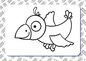 Album horizontal page for coloring with contour illustration and example. Cartoon crow.