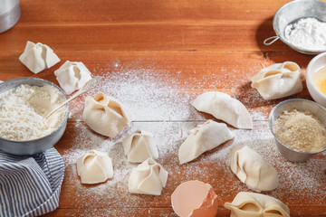 Cooking different types of dumplings: chinese, gyoza (gedza), dim-sum, manty. Top view, copy space