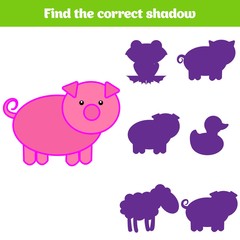Shadow matching game for children. Find the right shadow. Activity for preschool kids. Animal pictures for kids