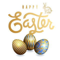 Card with realistic Easter eggs and inscription 