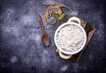 White boiled rice on pot 