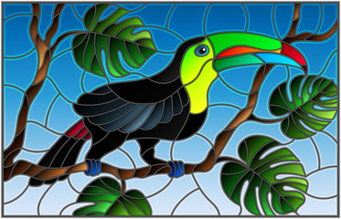 Illustration in stained glass style bird Toucan on branch tropical tree against the sky