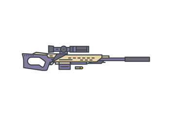 Sniper rifle vector line illustration. Modern hunting rifle with scope and silencer on white background. Linear modern vector illustration.