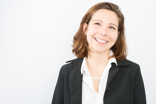 Happy business woman smiling in white background