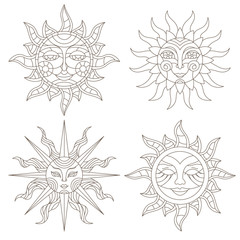 A set of stained-glass contour suns with faces on a white background isolates
