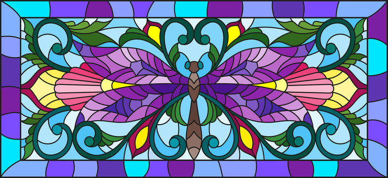 Illustration in stained glass style with bright dragonfly and floral ornament on a light background in a frame 