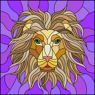 The illustration in stained glass style painting with a lion's head on a purple background , square image