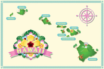 Rough and not detailed Hawaiian islands with traditional folk floral decoration sign.