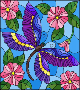 Illustration in stained glass style with bright dragonfly against the sky, foliage and pink flowers