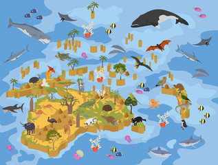 Isometric 3d Australia and Oceania flora and fauna map elements. Animals, birds and sea life. Build your own geography infographics collection © a7880ss