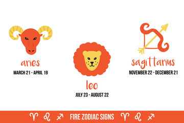 Hand drawn, doodle vector illustrations of fire zodiac signs. Aries, leo, sagittarius icons isolated on white background.