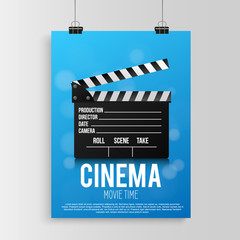 Realistic blue cinema poster in a frame with a picture hanging on a textured gray brick wall, a template for a layout, a layout and a work of art a concept poster design template. vector illustration.