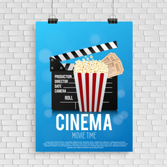 Realistic blue cinema poster in a frame with a picture hanging on a textured gray brick wall, a template for a layout, a layout and a work of art a concept poster design template. vector illustration.