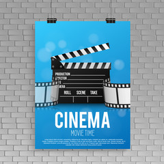 Realistic blue cinema poster in a frame with a picture hanging on a textured gray brick wall, a template for a layout, a layout and a work of art a concept poster design template. vector illustration.