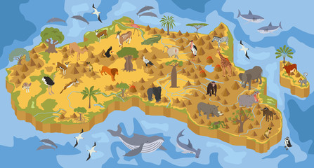 Flat 3d isometric Africa flora and fauna map constructor elements. Animals, birds and sea life isolated on white big set. Build your own geography infographics collection © a7880ss
