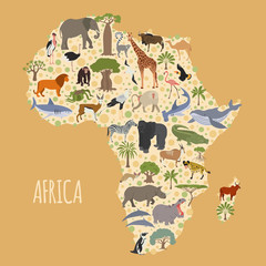 Flat Africa flora and fauna map constructor elements. Animals, birds and sea life isolated on white big set. Build your own geography infographics collection.