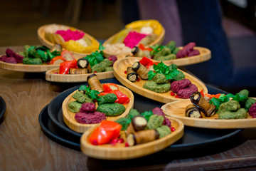 Caucasian salads on wooden plates