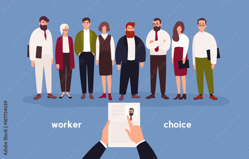 Aufkleber people dressed in office clothing standing in row in front of person with cv in hands. concept of ch