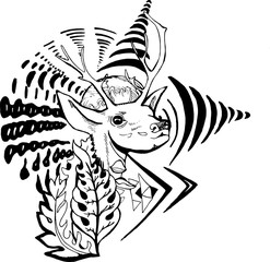 Black and white picture of a psychedelic deer with plants and patterns.