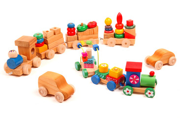 Wooden trains and cars puzzle with coaches