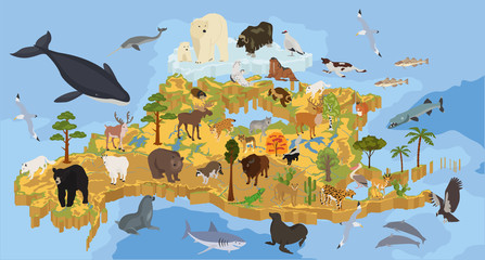 Isometric 3d North America flora and fauna map elements. Animals, birds and sea life. Build your own geography infographics collection