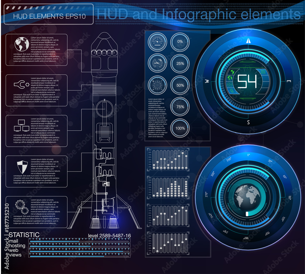 Poster space launch interface rockets, graphic display control the pallet rocket. sky-fi hud. vector eps10.