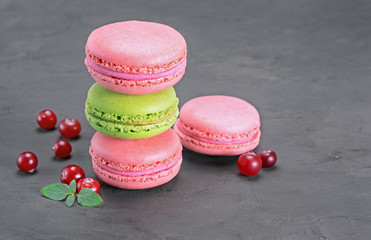 French dessert. Sweet pink and green macaroons or macarons with cranberry and mint
