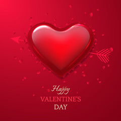Vector romantic greeting card with title Happy Valentine's day with glass heart, arrow and confetti. Red holiday background for design of flyers and invitations.
