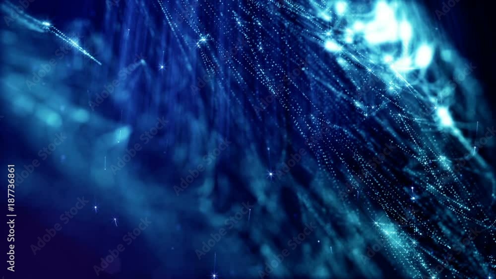 Poster loopable abstract particle background with depth of field, glow sparkles of lights and digital eleme