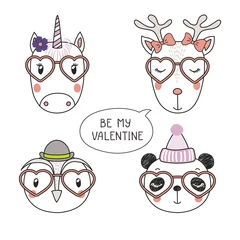 Keuken spatwand met foto Set of hand drawn portraits of cute funny animals in heart shaped glasses, with romantic quotes. Isolated objects on white background. Vector illustration. Design concept children, Valentines day card © Maria Skrigan