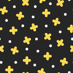 Seamless golden cross pattern in retro memphis style, fashion 80s - 90s. Abstract colored background
