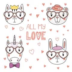 Poster Set of hand drawn portraits of cute funny animals in heart shaped glasses, with romantic quotes. Isolated objects on white background. Vector illustration. Design concept children, Valentines day card © Maria Skrigan