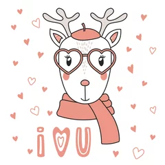 Zelfklevend Fotobehang Hand drawn vector portrait of a cute funny deer in heart shaped glasses, with romantic quote. Isolated objects on white background. Vector illustration. Design concept children, Valentines day card. © Maria Skrigan