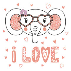 Hand drawn vector portrait of a cute funny elephant in heart shaped glasses, with romantic quote. Isolated objects on white background. Vector illustration. Design concept kids, Valentines day card.