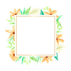 Square frame with hand drawn watercolor flowers and leaves,  orange watercolor flowers frame. Hand drawn illustration.