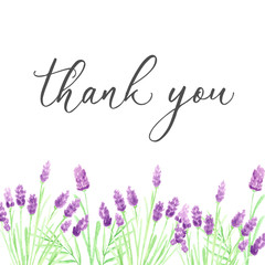 Thank you card template with hand drawn purple watercolor flowers, illustration, wedding.