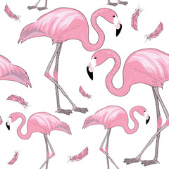 Two flamingos with pink feathers. Seamless pattern. Vector illustration on white background
