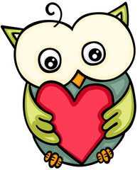Cute owl holding red heart