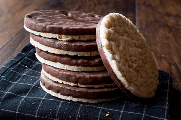 Stack Of Dark Chocolate Covered Rice Cakes or Corn Crackers
